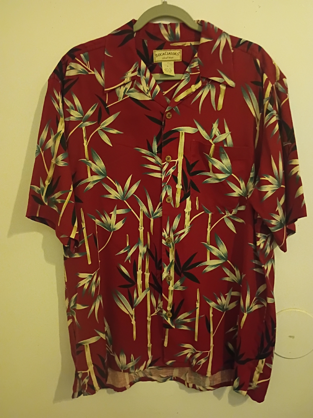 BocaClassics Men's Burgundy Bamboo-Print Shirt 100% Silk‎ Sz L